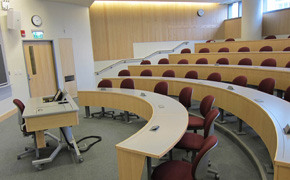 View of the seating from side of the instructors workstation at the head of the room.
