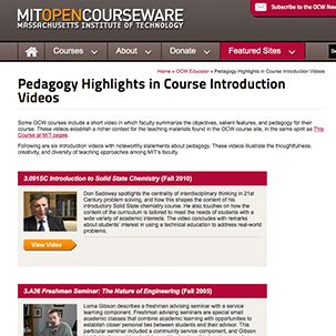 A screenshot of the MIT OpenCourseWare collection titled Pedagogy Highlights in Course Introduction Videos.