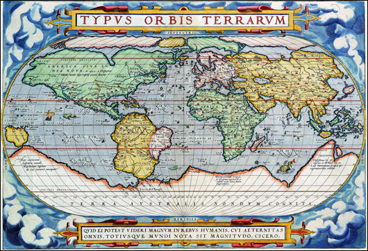A colorful map of the way the world was understood in the 16th century.