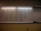A whiteboard contains notes written in scientific notation.