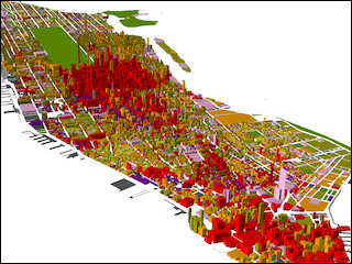 A brightly colored image of virtually-generated buildings and streets.
